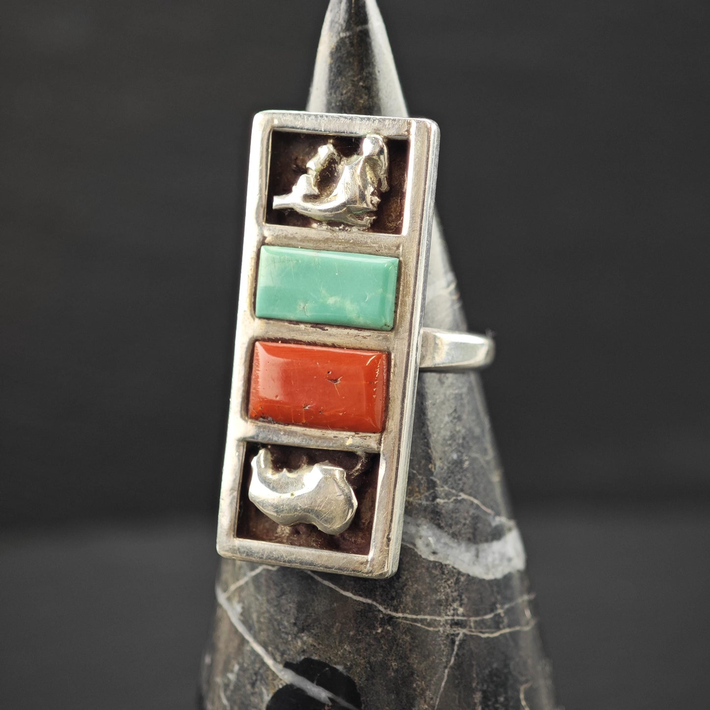 Zuni, Native American Turquoise, Coral Inlay Ring Sterling Silver Sz 6