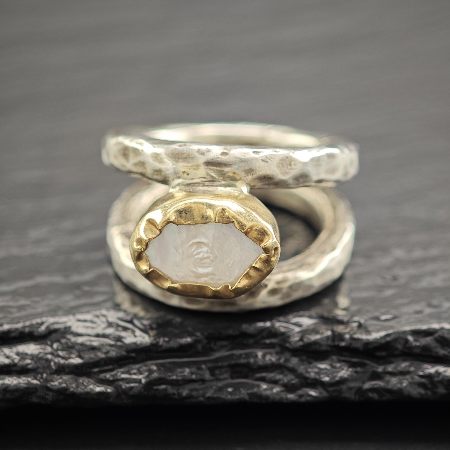 Brutalist Pearl Ring in Sterling Silver 9k Gold Bezel R5808