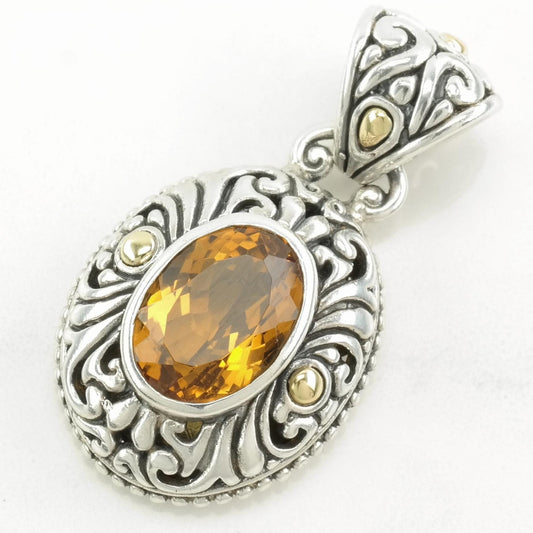 Vintage Citrine, 18K Gold Accent Ornate Sterling Silver Pendant