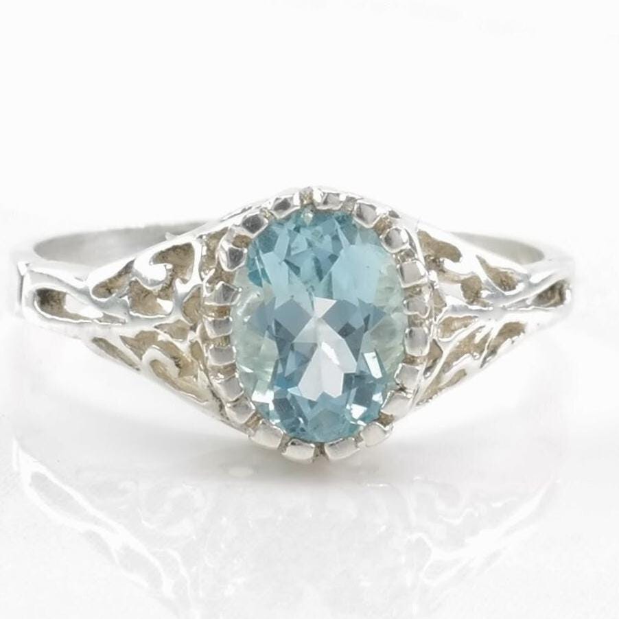 Vintage Sterling Silver Ring, Topaz Filigree Blue Size 8 3/4