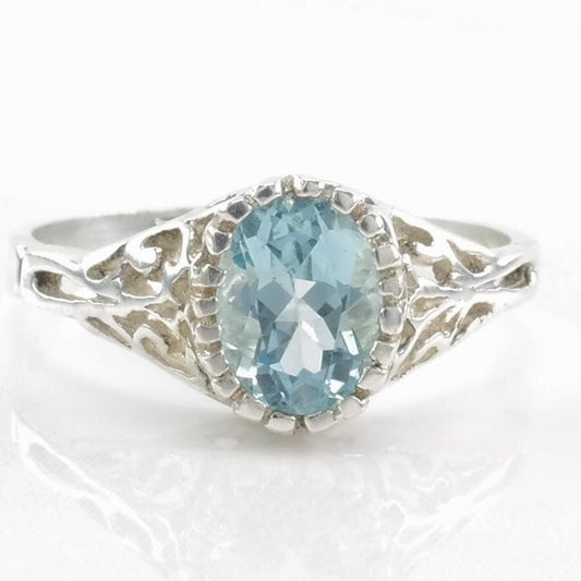 Vintage Sterling Silver Ring, Topaz Filigree Blue Size 8 3/4