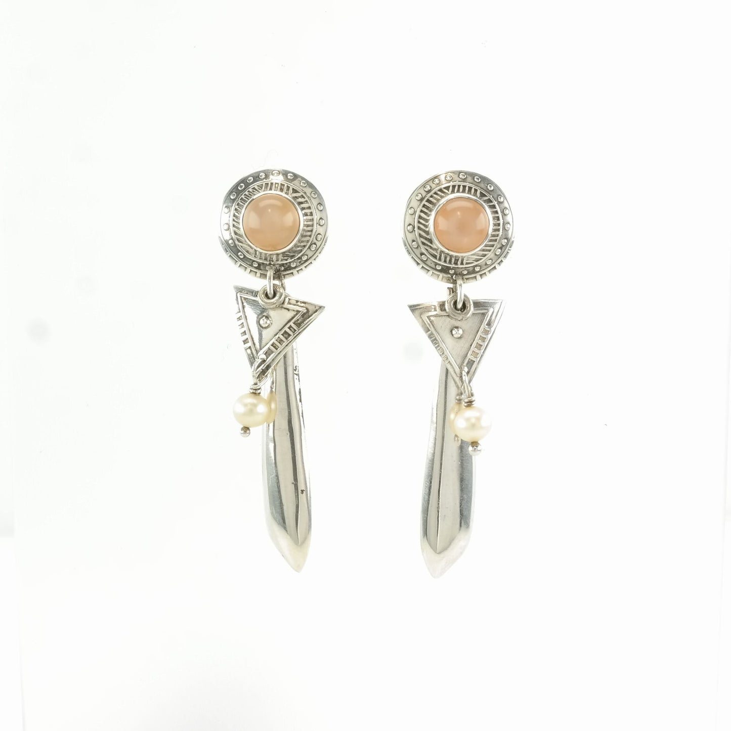 Vintage Sterling Silver Stud, dangle Earrings Peach Pearl Stamped