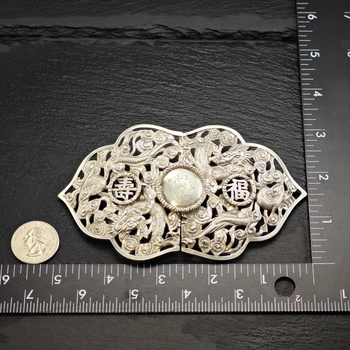 Chinese Export 2 Part Dragon Sterling Silver Belt Buckle MISC0397