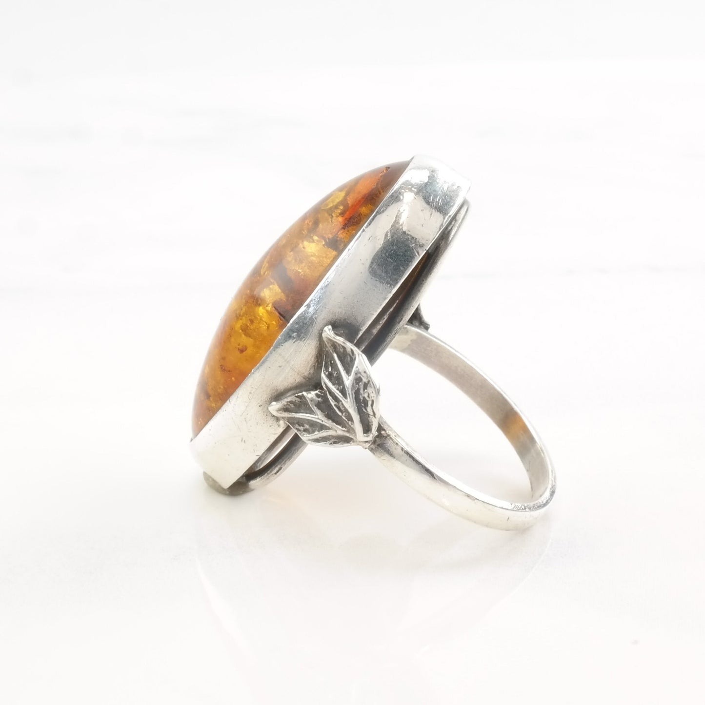 Vintage European Silver Ring Amber Leaf Size 8 1/2