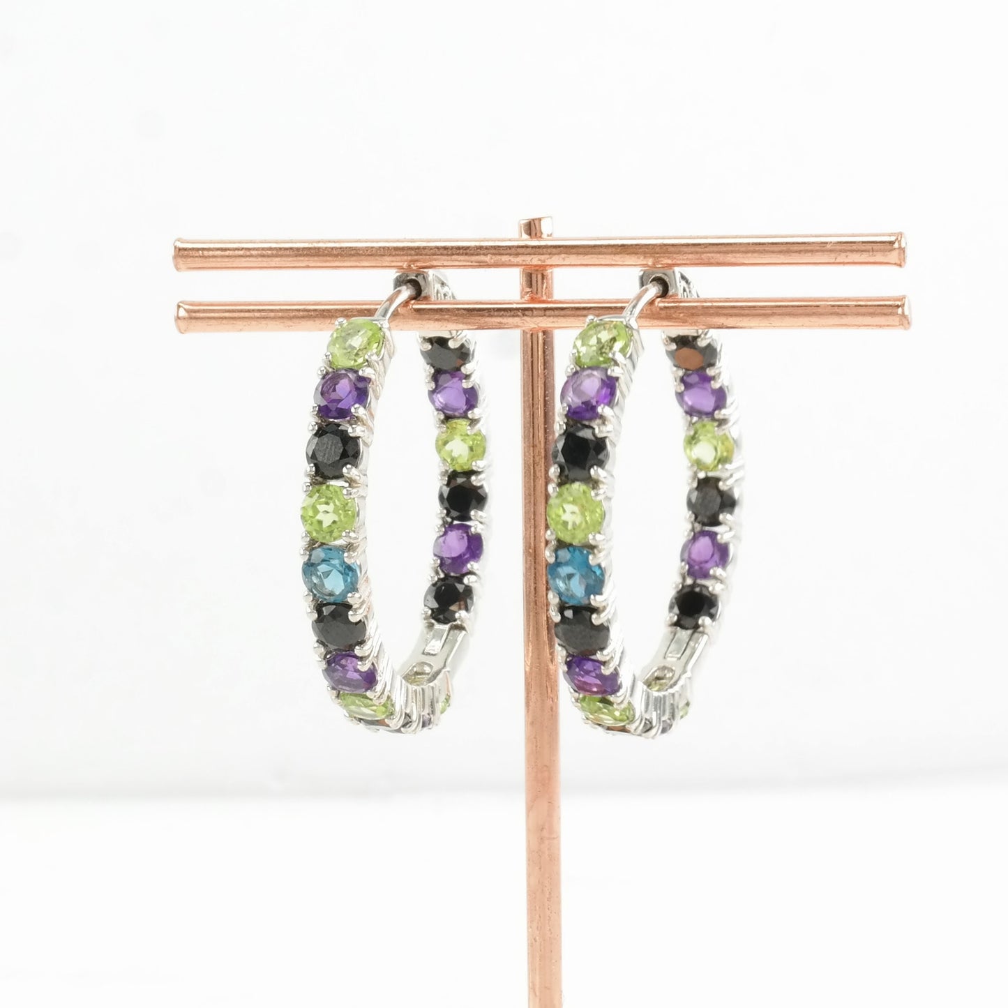 Sterling Silver Amethyst, Onyx, Peridot, Topaz Earrings Hoop