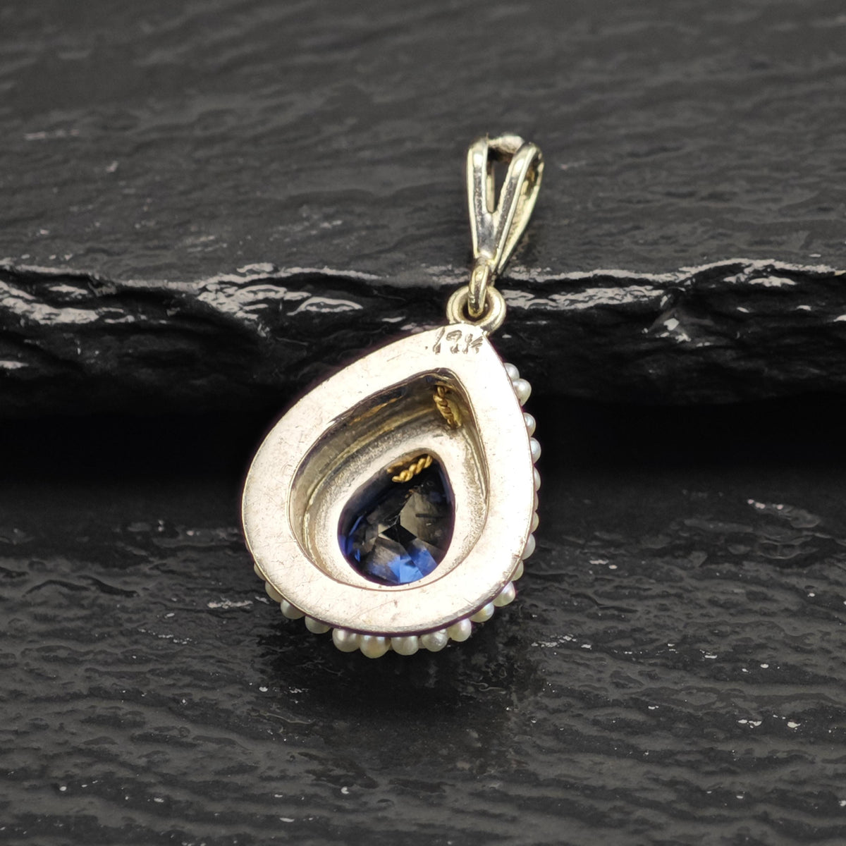 Victorian Natural Sapphire Seed Pearl, 14K White Gold Pendant P3107