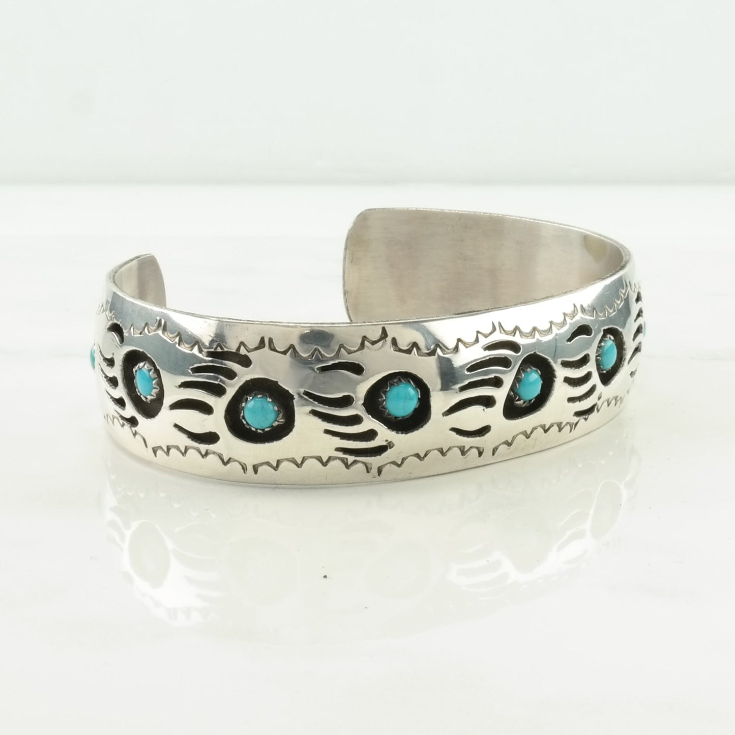 Native American Sterling Silver Cuff Bracelet Blue Turquoise Shadowbox, Bear Claw, Paw