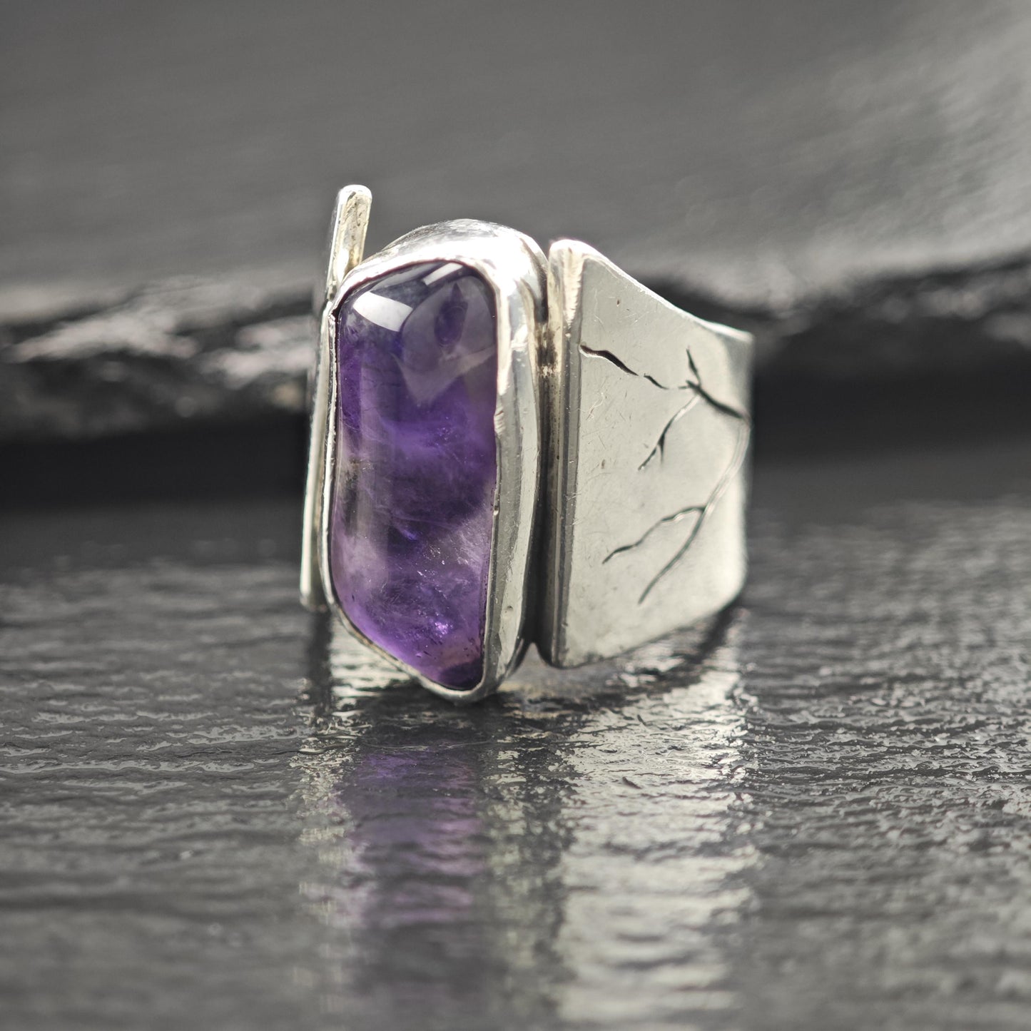 Vintage Sterling Silver Ring, Abstract Amethyst Size 6
