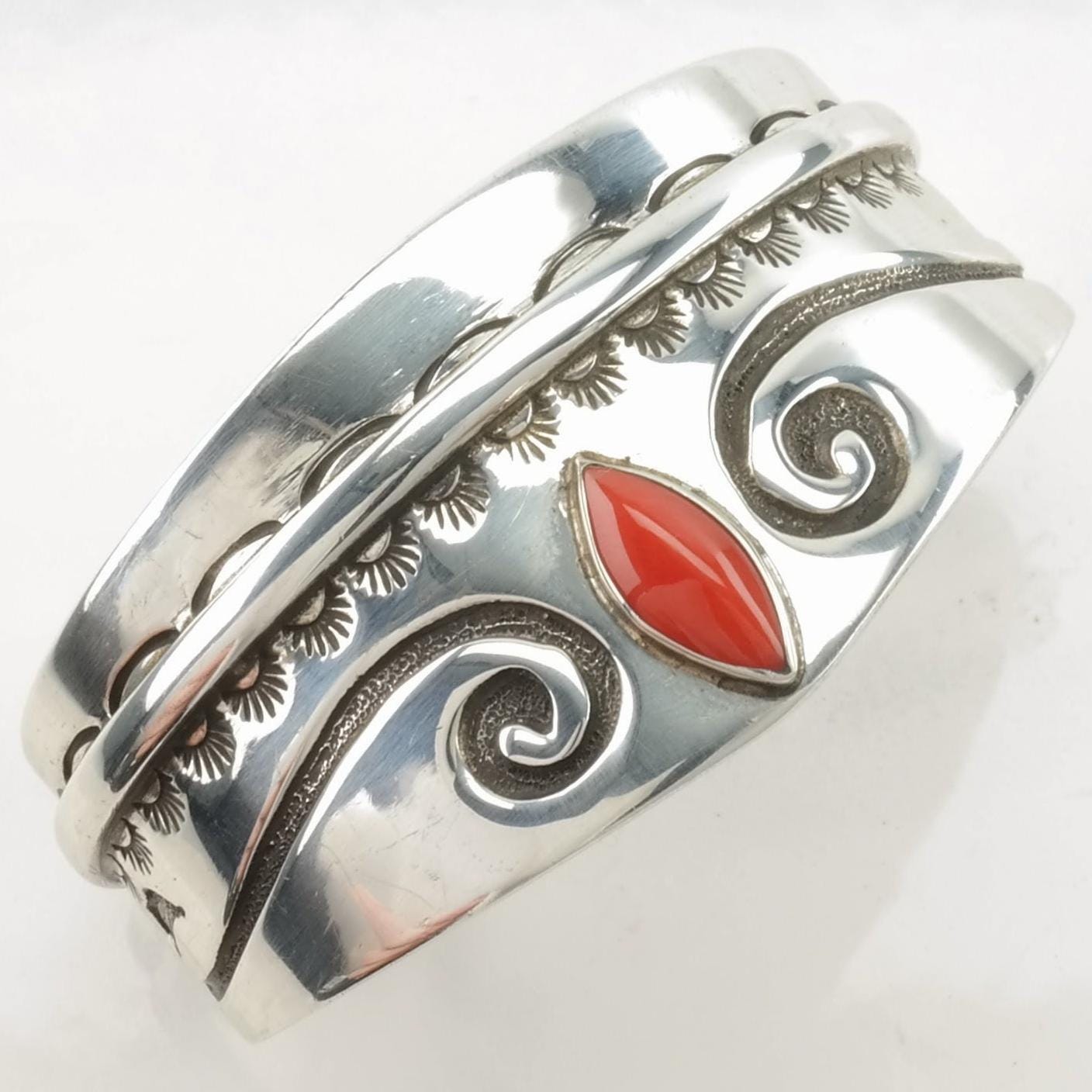 Native American Sterling Silver Cuff Bracelet Red Coral Stamped