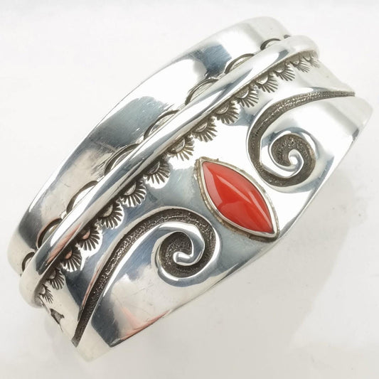 Native American Sterling Silver Cuff Bracelet Red Coral Stamped