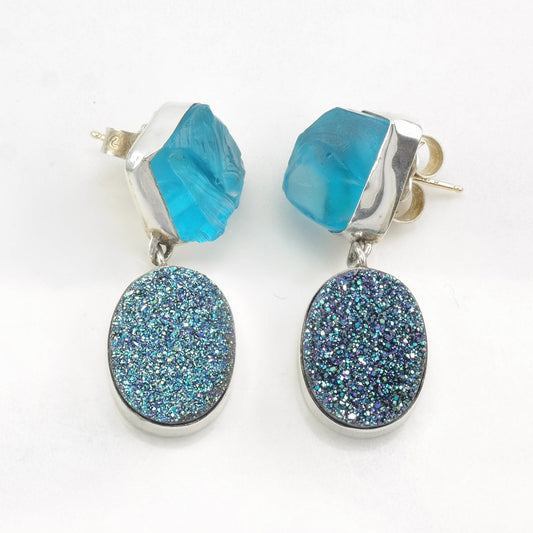 Sterling Silver Blue Stone, Druzy 14k Gold Post Earrings Stud, Dangle