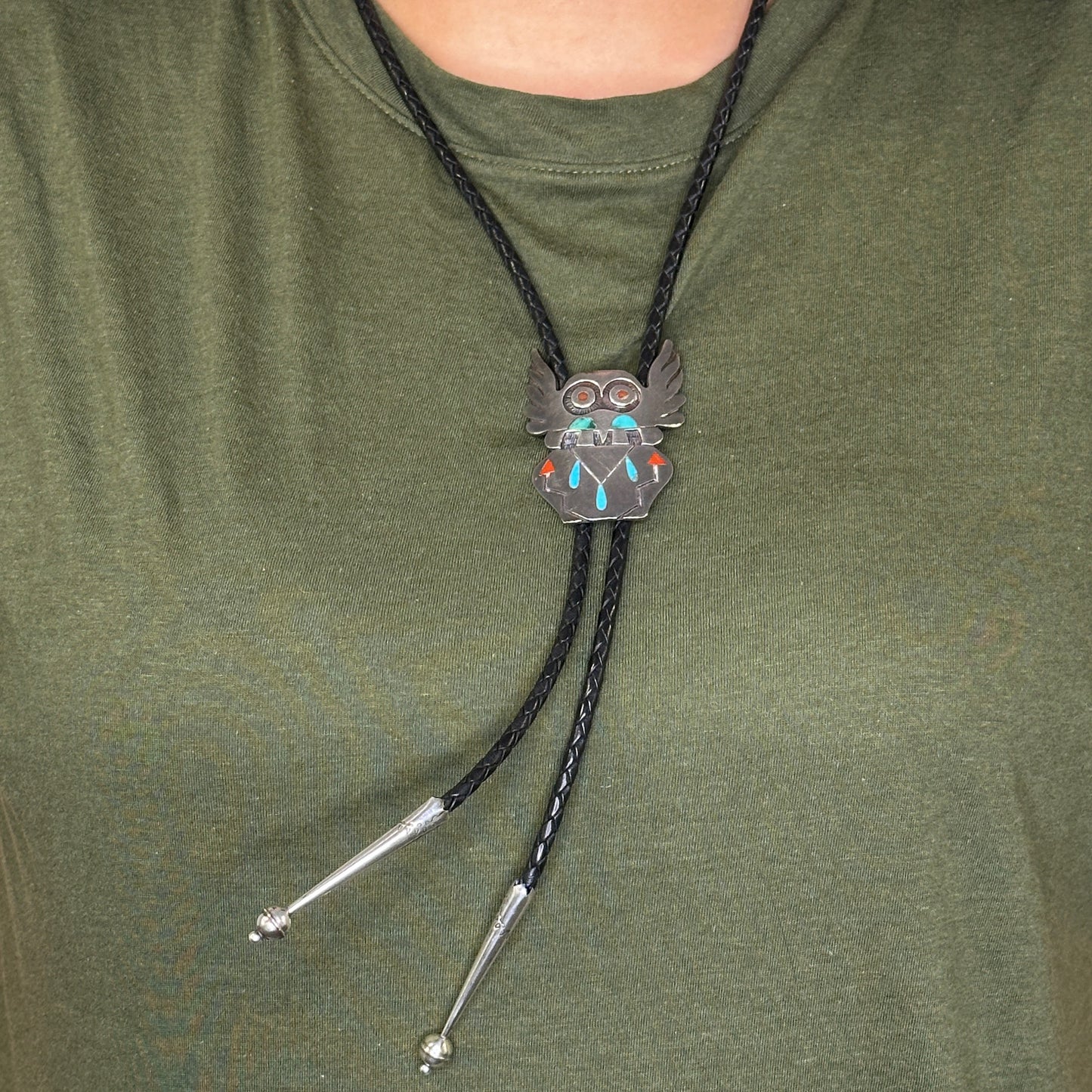 Hopi Sterling Silver Turquoise, Coral Bird Figure, Inlay Bolo Tie Necklace