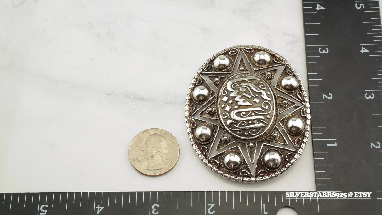 Oval Silver Brooch Pendant Filigree Islamic Sterling