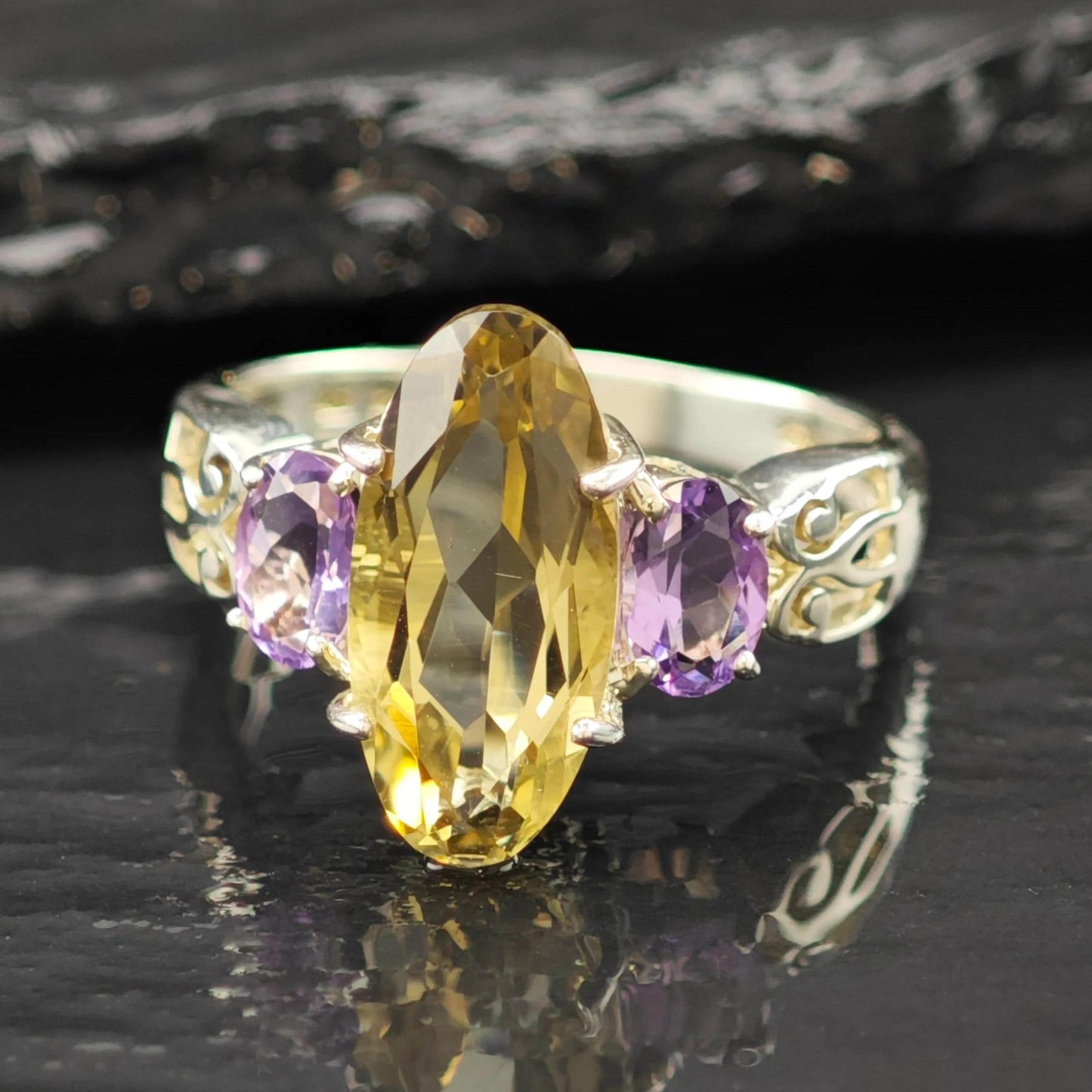 Sterling Silver Statement Ring Amethyst Citrine Size 8 R6232