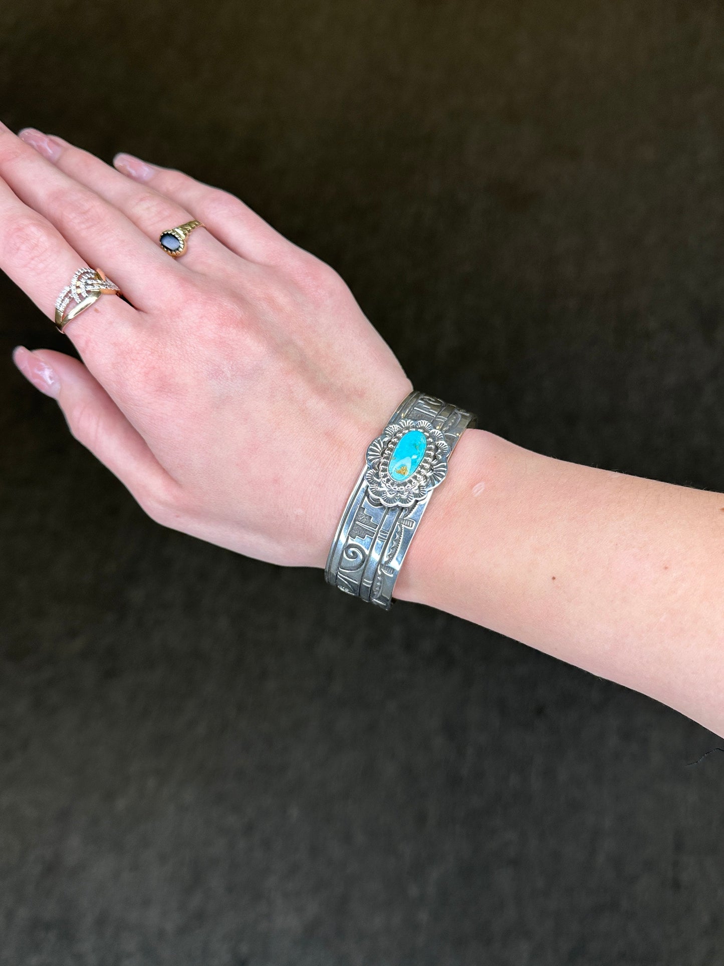 Navajo Sterling Silver Cuff Bracelet Blue Turquoise Overlay