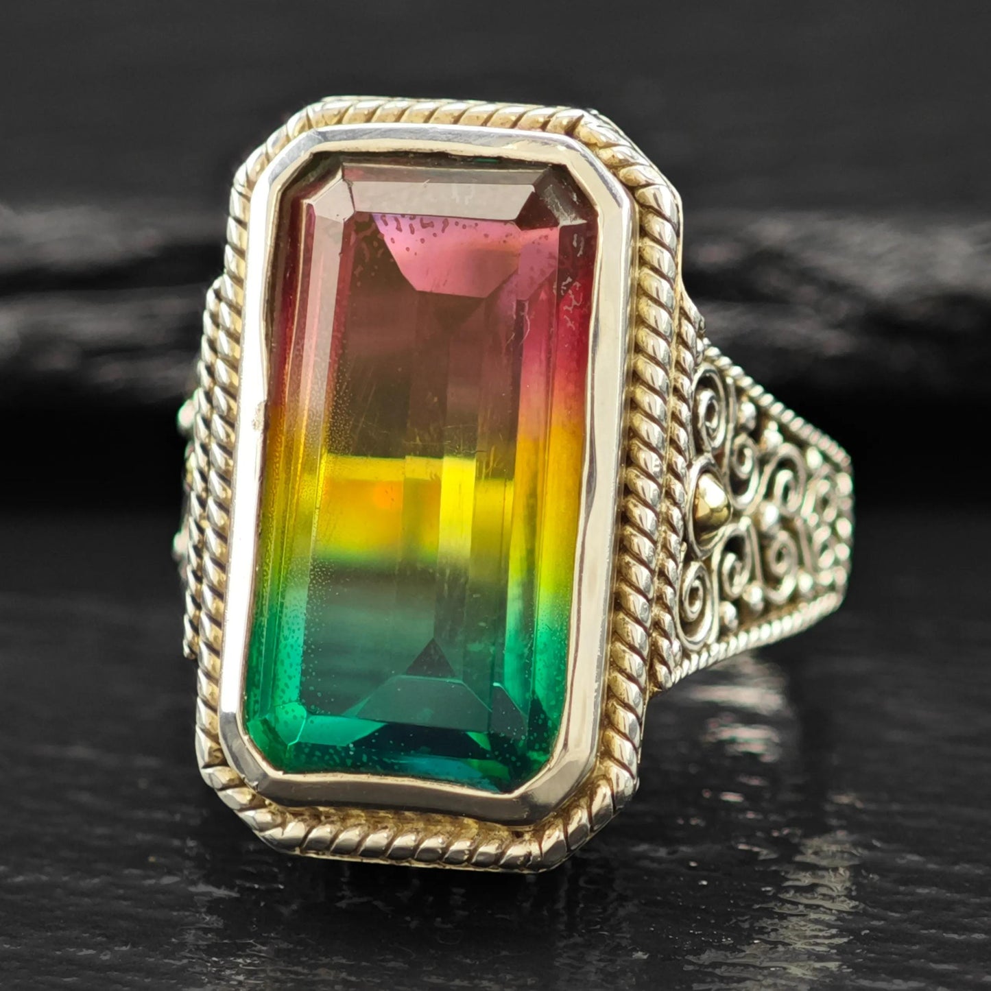 Watermelon Tourmaline Doublet 18K Gold Accents Ring Sterling Silver Sz 7 R6141