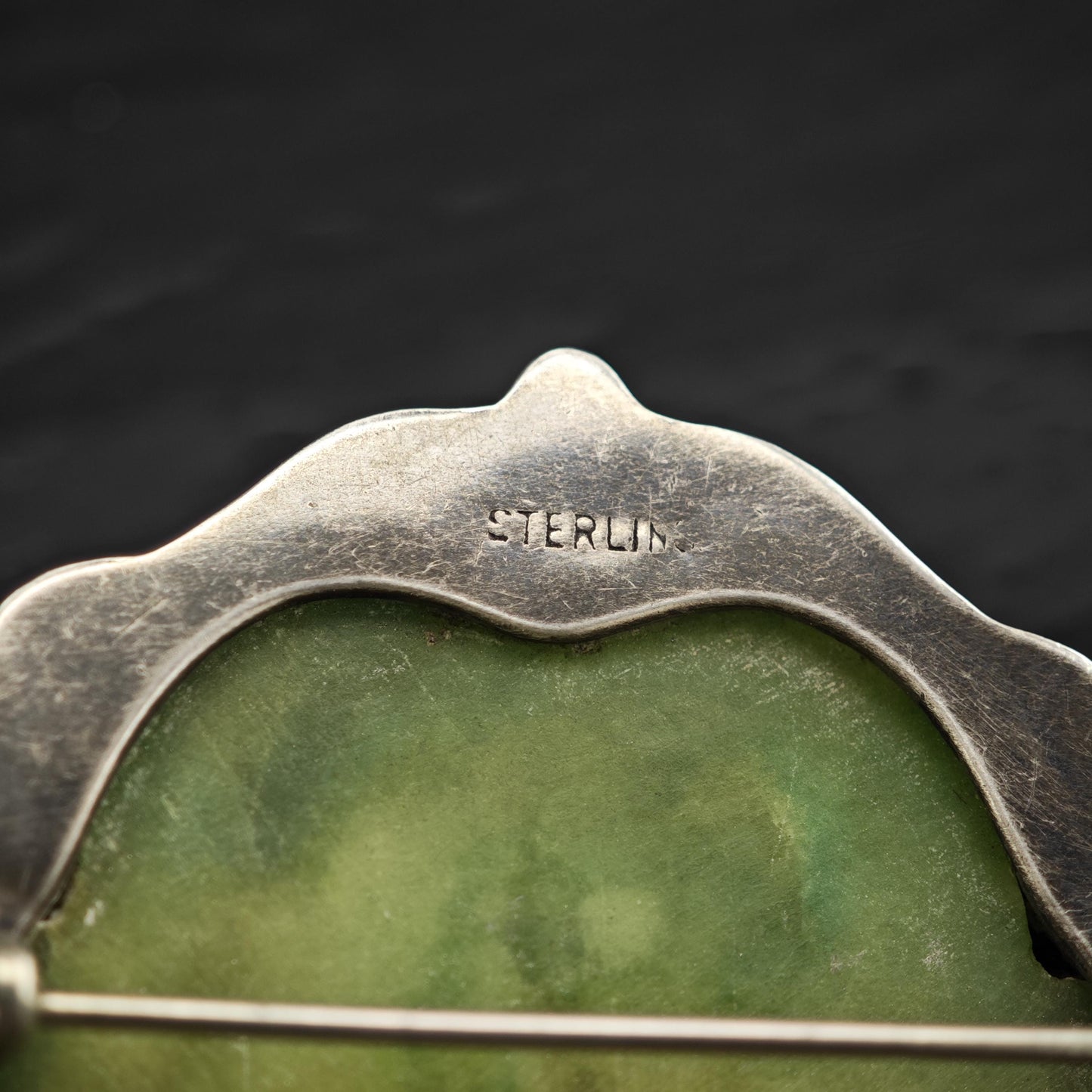 Vintage Green Tribal Mask Brooch Carved Jade Onyx in Sterling Silver