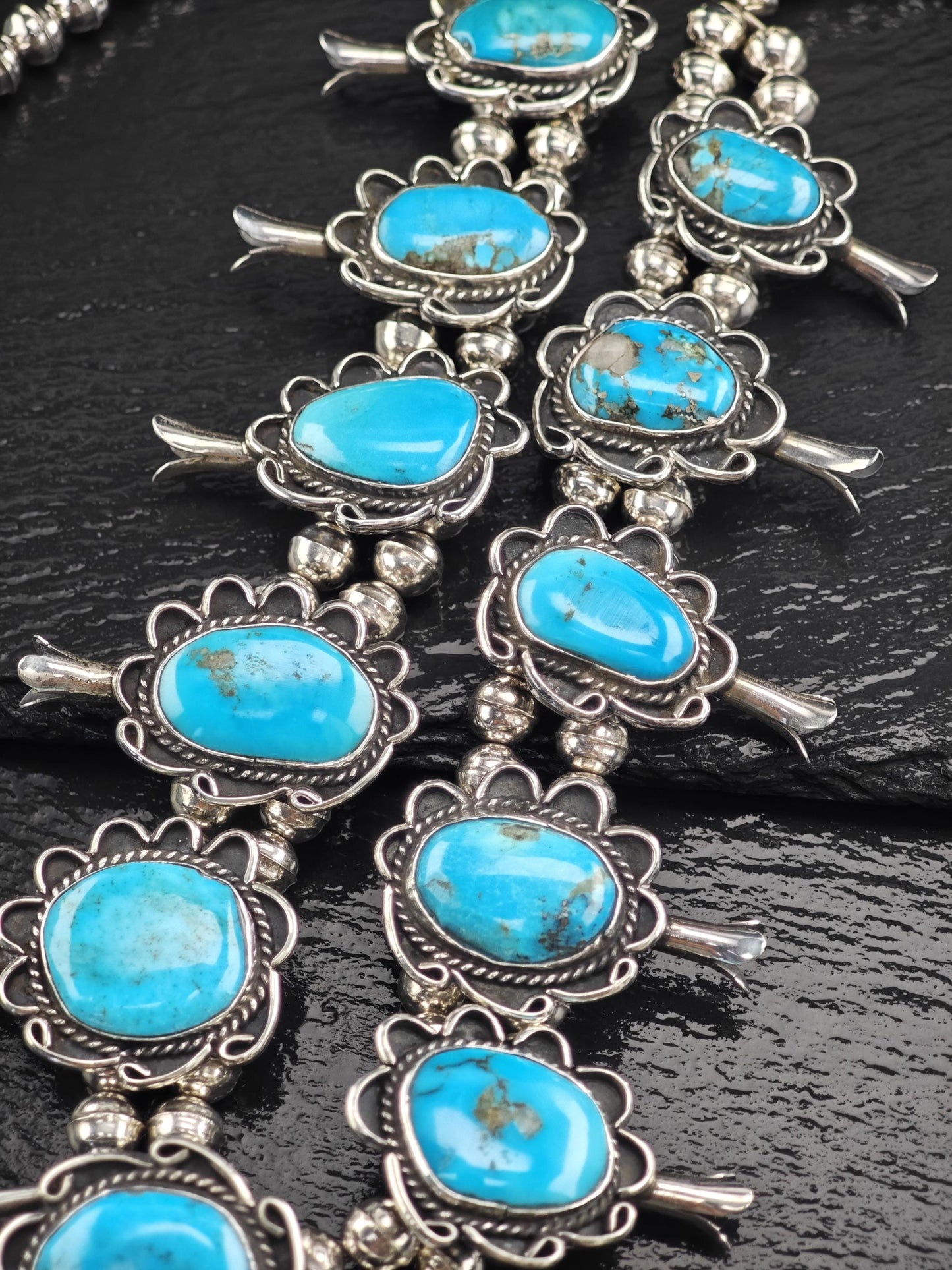 Southwest Turquoise Floral, Squash Blossom Necklace Sterling Silver