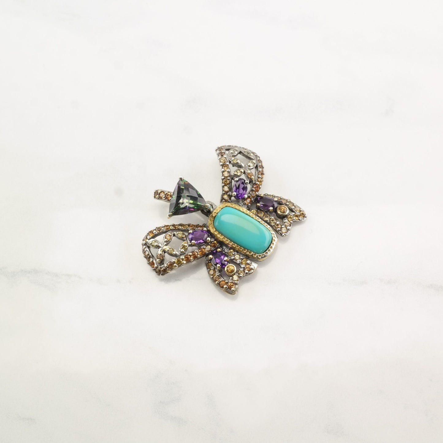 Vintage Turquoise Amethyst Sapphire Butterfly Sterling Silver Pendant