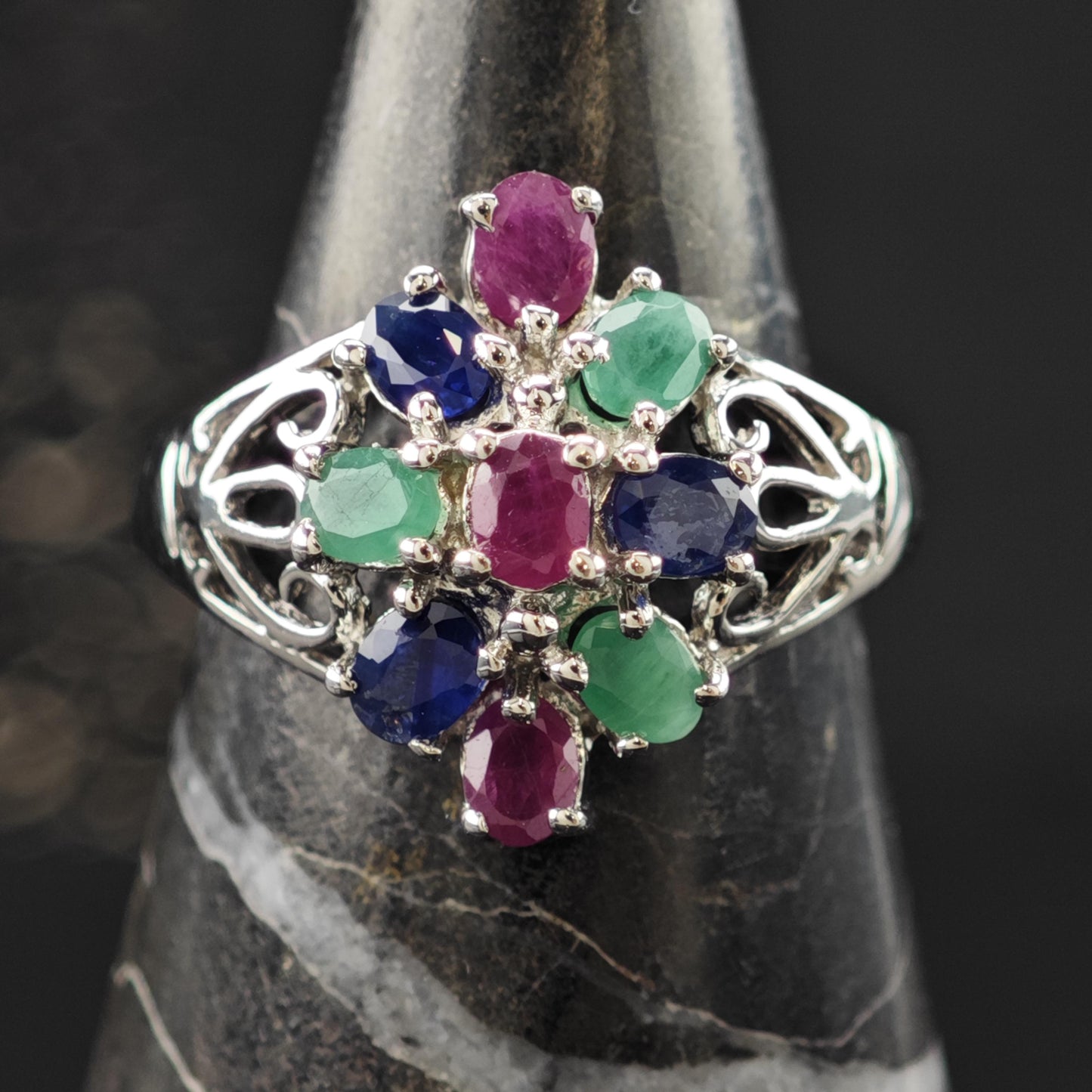 Sapphire Ruby Emerald Ring Sterling Silver Sz 6 3/4 R6210
