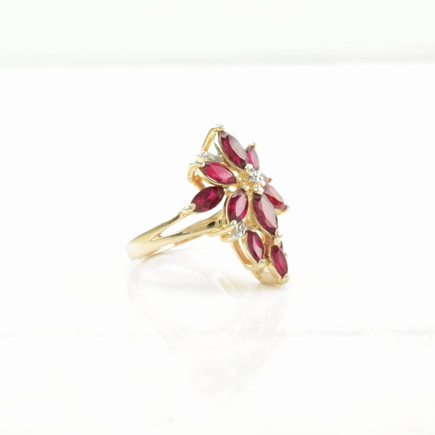 Sterling Silver Ring Lab Ruby, Diamond Chip Cluster Pink Size 6 3/4