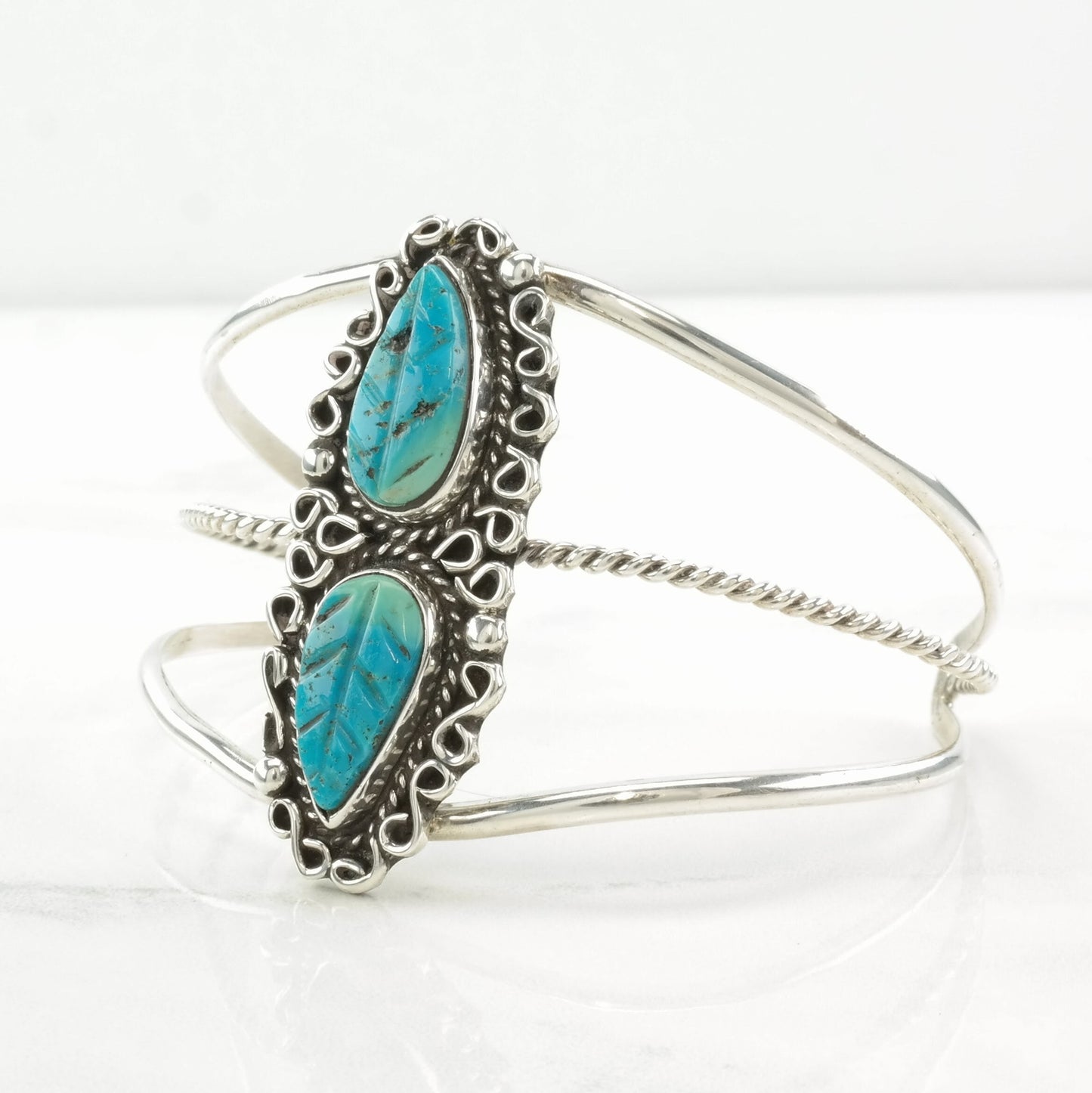 Native American Sterling Silver Cuff Bracelet Carved Turquoise