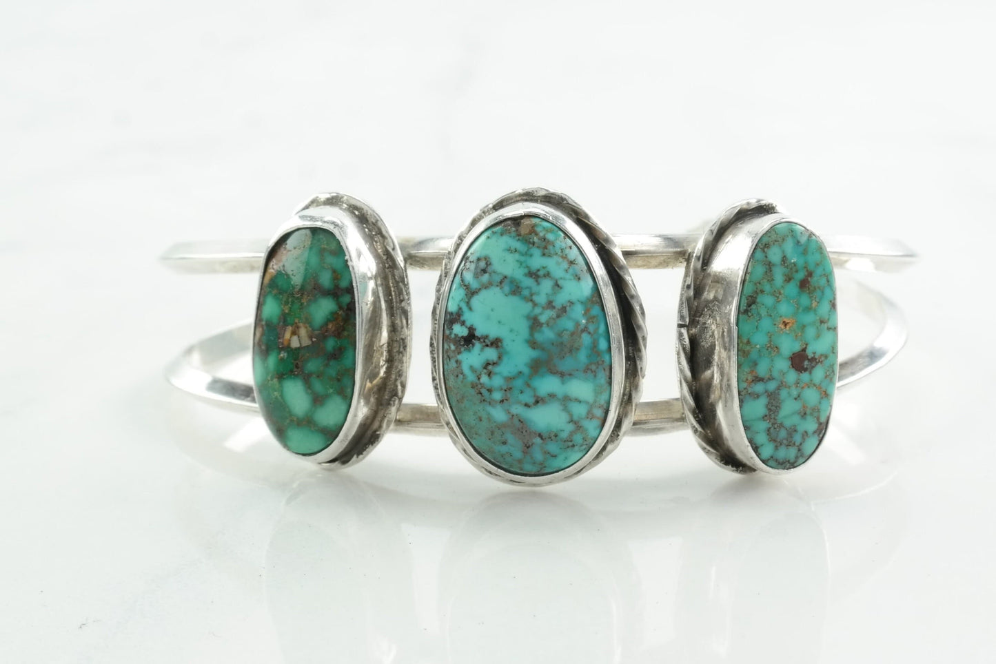 Green Spiderweb Turquoise Native American Sterling Silver Cuff Bracelet Three Stone