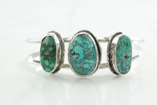 Green Spiderweb Turquoise Native American Sterling Silver Cuff Bracelet Three Stone