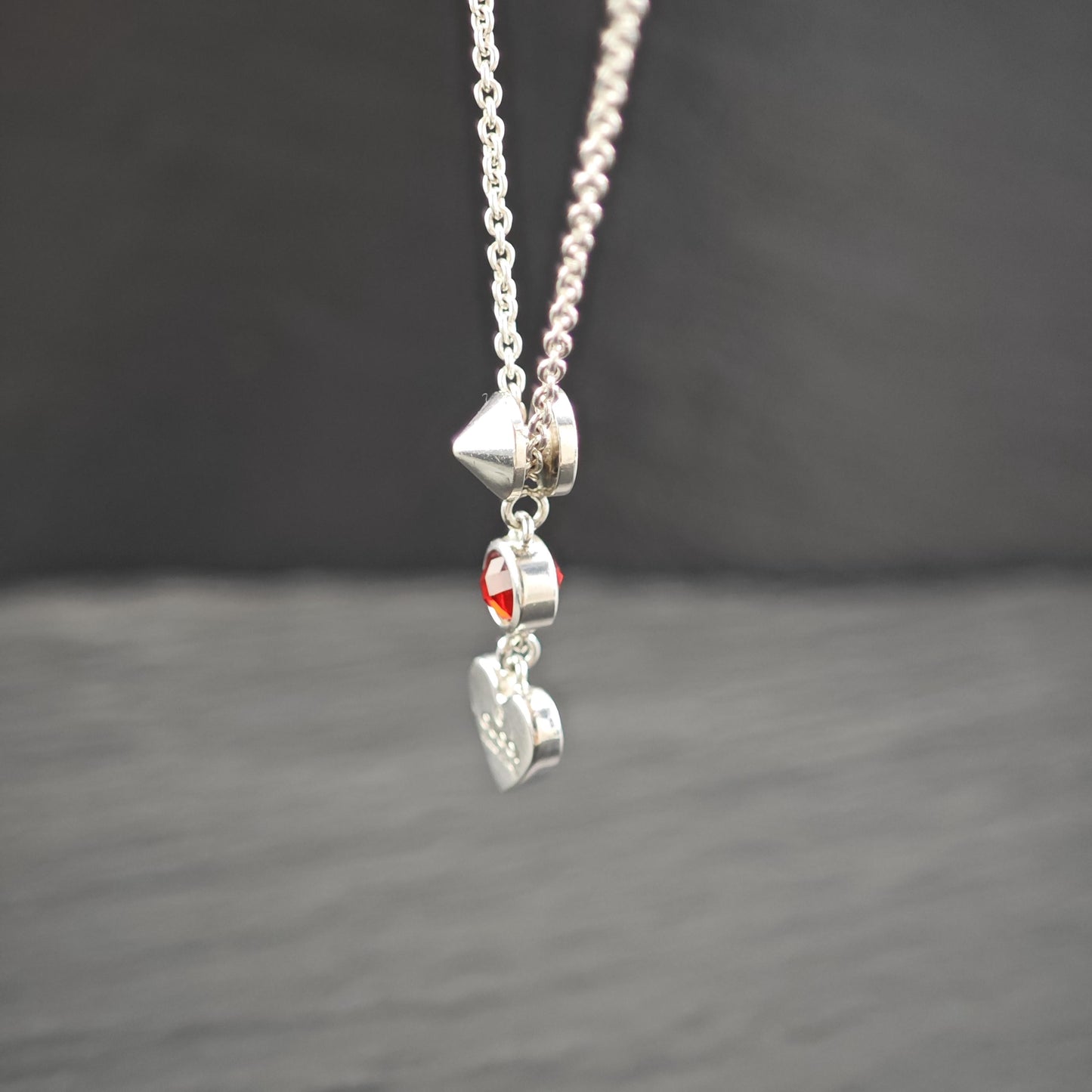 Gucci Sterling Silver Red Crystal Heart, Modernist Necklace N2592