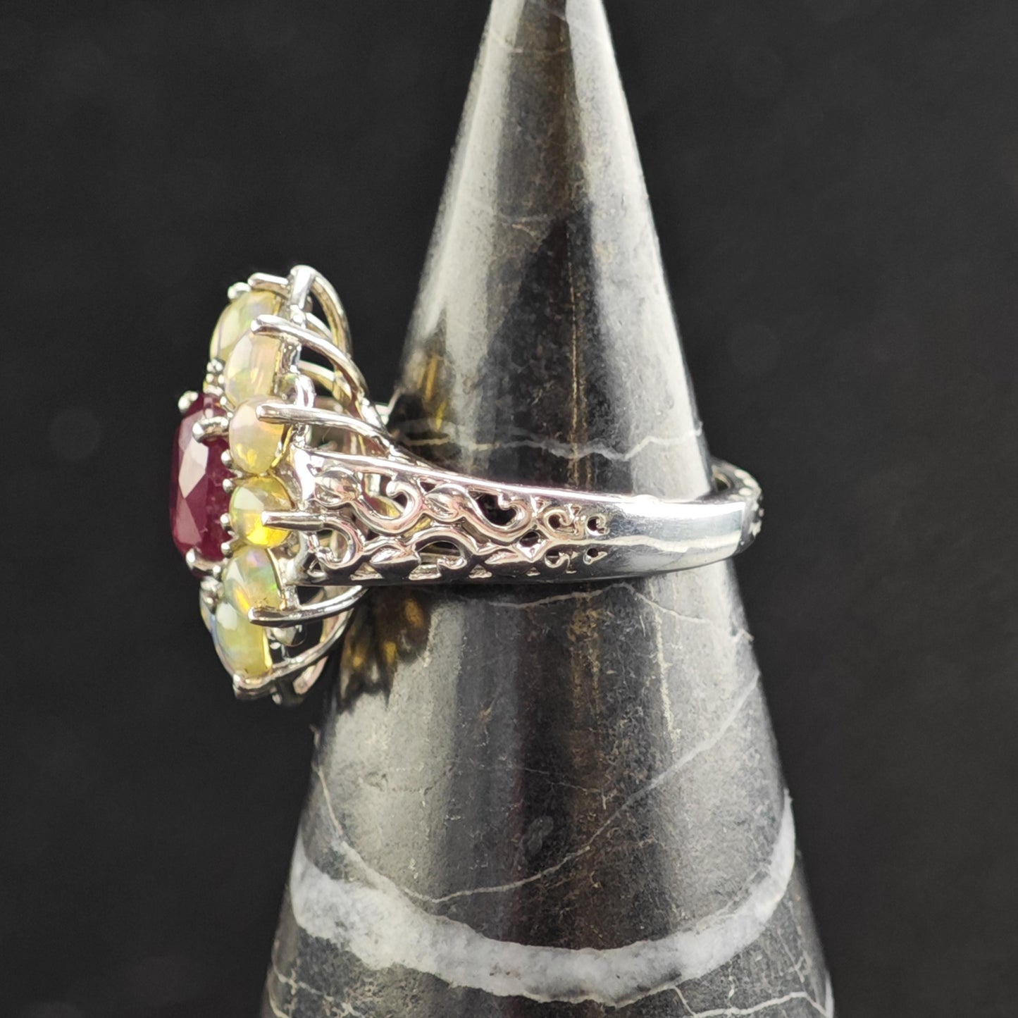 Opal LGF Ruby Flower Design Sterling Silver Ring Sz 5 1/4 R6563