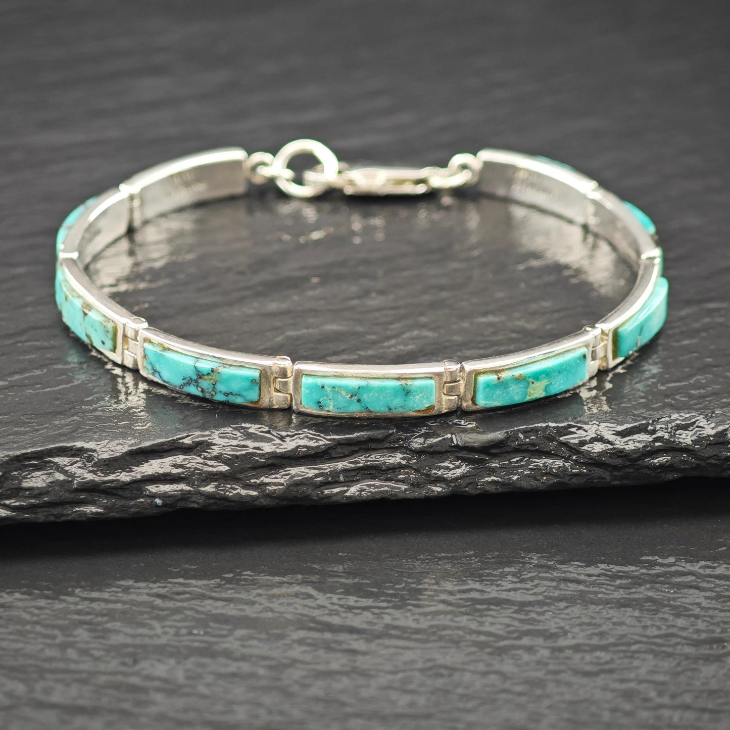 Spiderweb Turquoise Inlay Line Bracelet Sterling Silver Size 6 3/4"