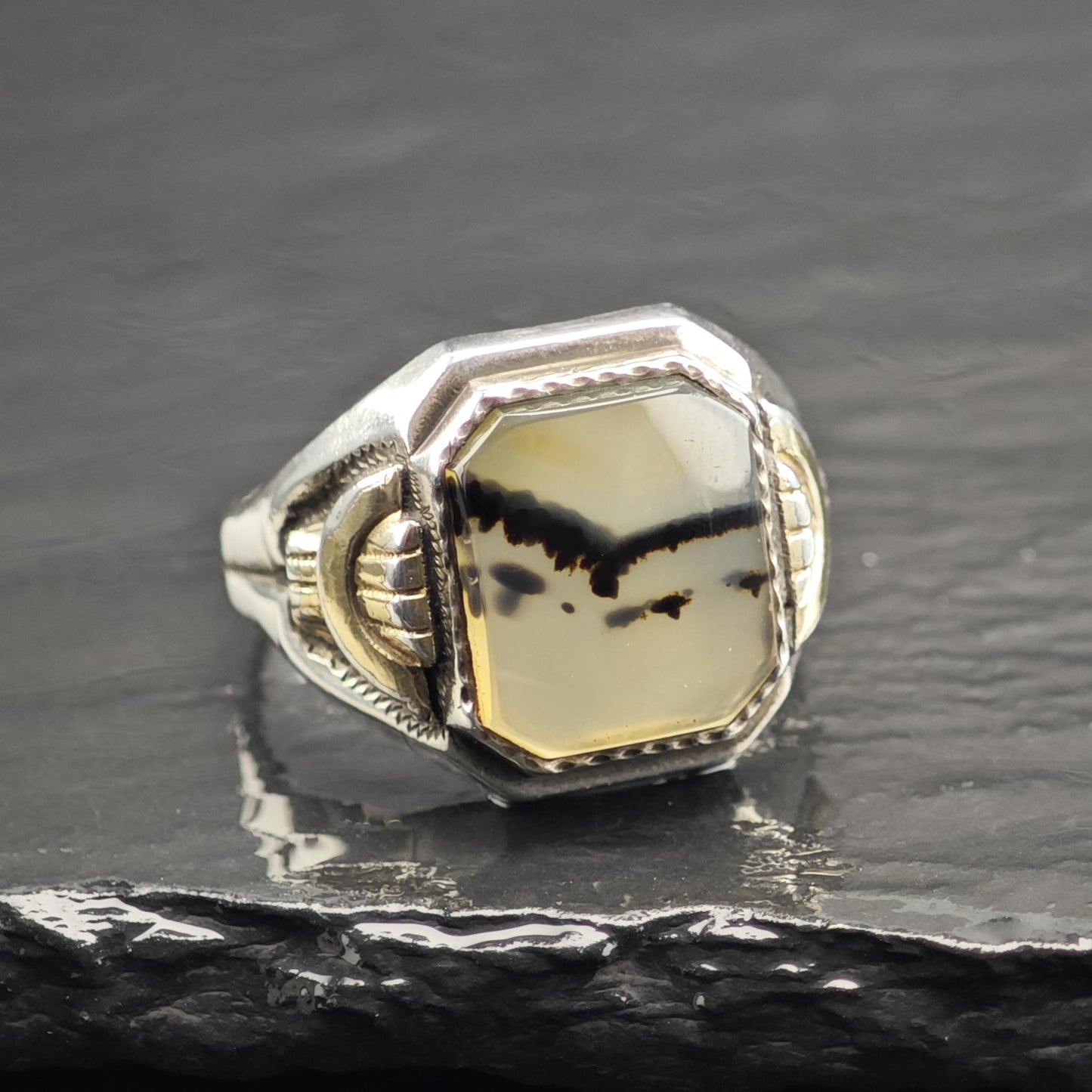 Art Deco Dendritic Moss Agate Signet Sterling Silver Ring Sz 11 1/2 R6719