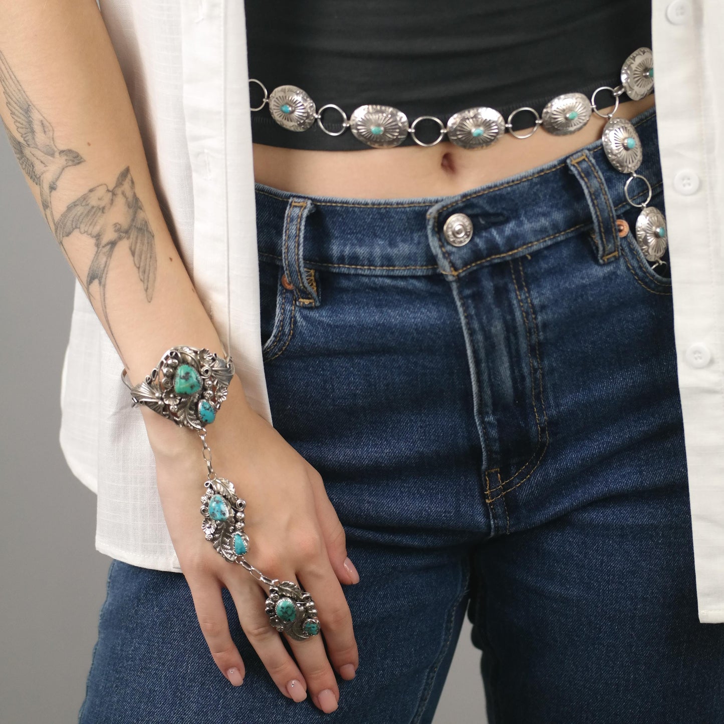Native American Turquoise Floral Cuff Ring Bracelet Combo Sterling Silver