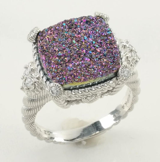 Vintage Judith Ripka Silver Ring Purple Druzy Sterling Multicolor Size 11