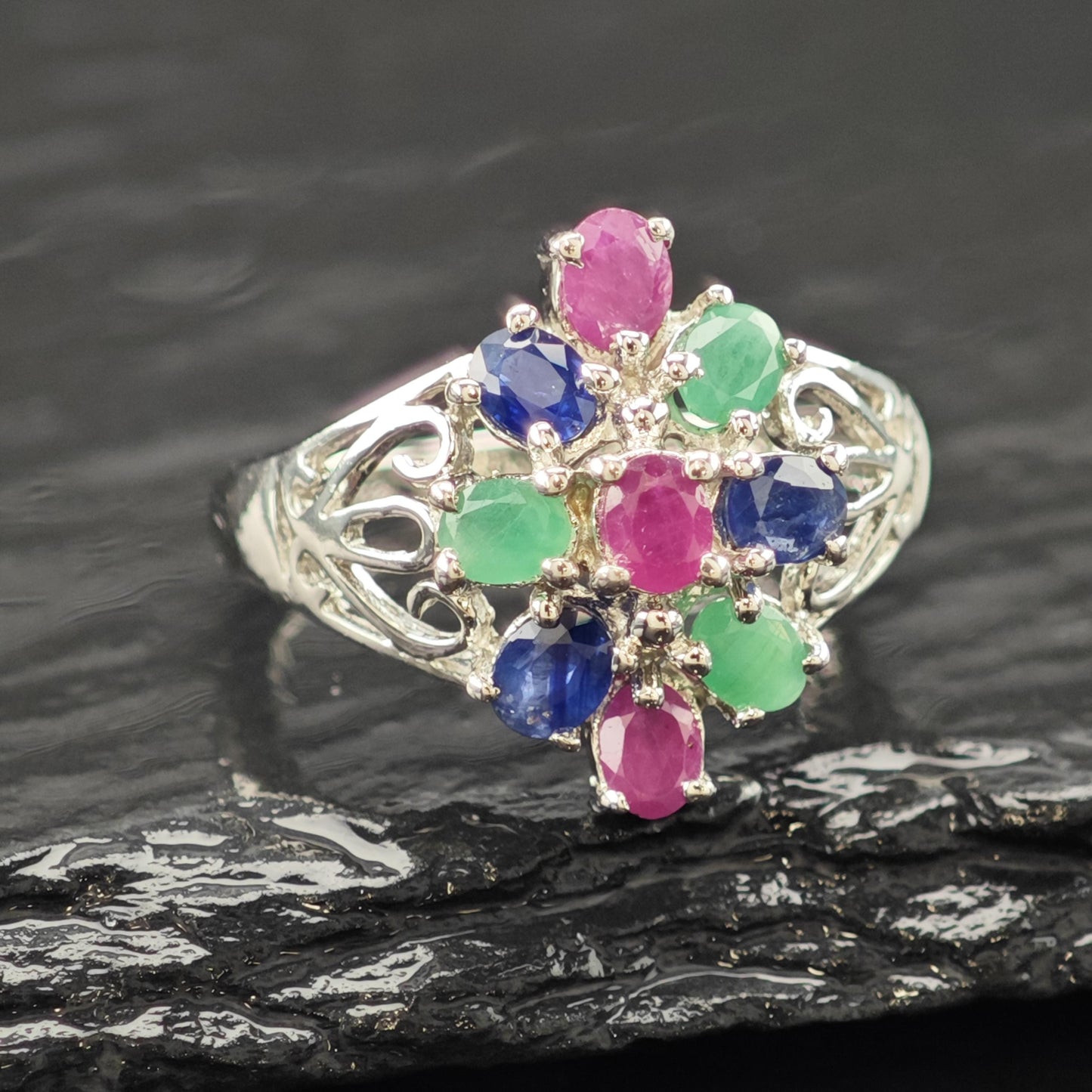 Sapphire Ruby Emerald Ring Sterling Silver Sz 6 3/4 R6210