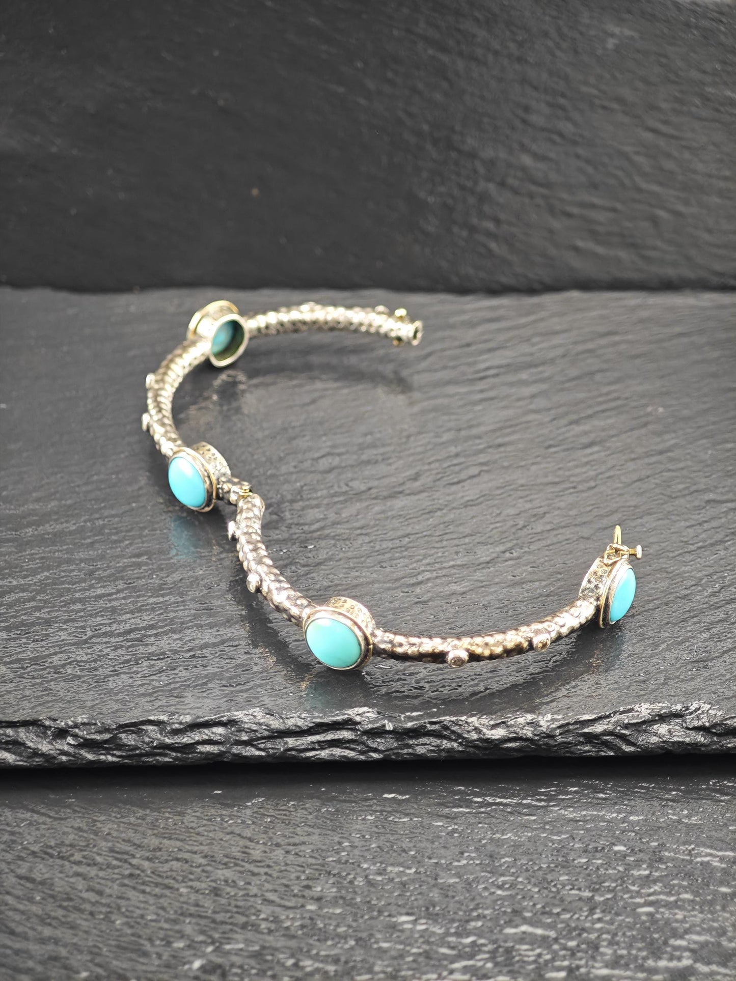 Brutalist Turquoise Diamond 18K Gold Accent Sterling Silver Bangle Bracelet