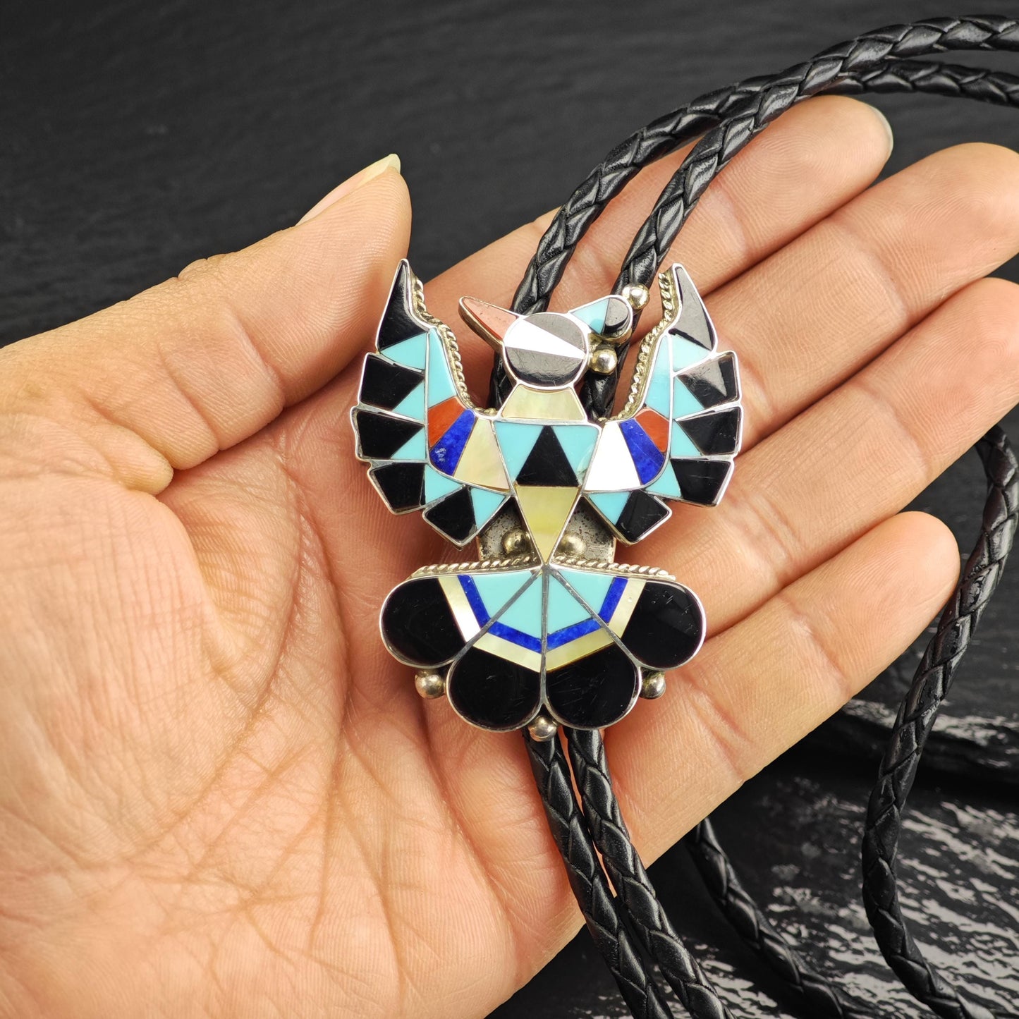 Vintage Native American Sterling Silver, Inlay Thunderbird Bolo Tie Necklace N2744