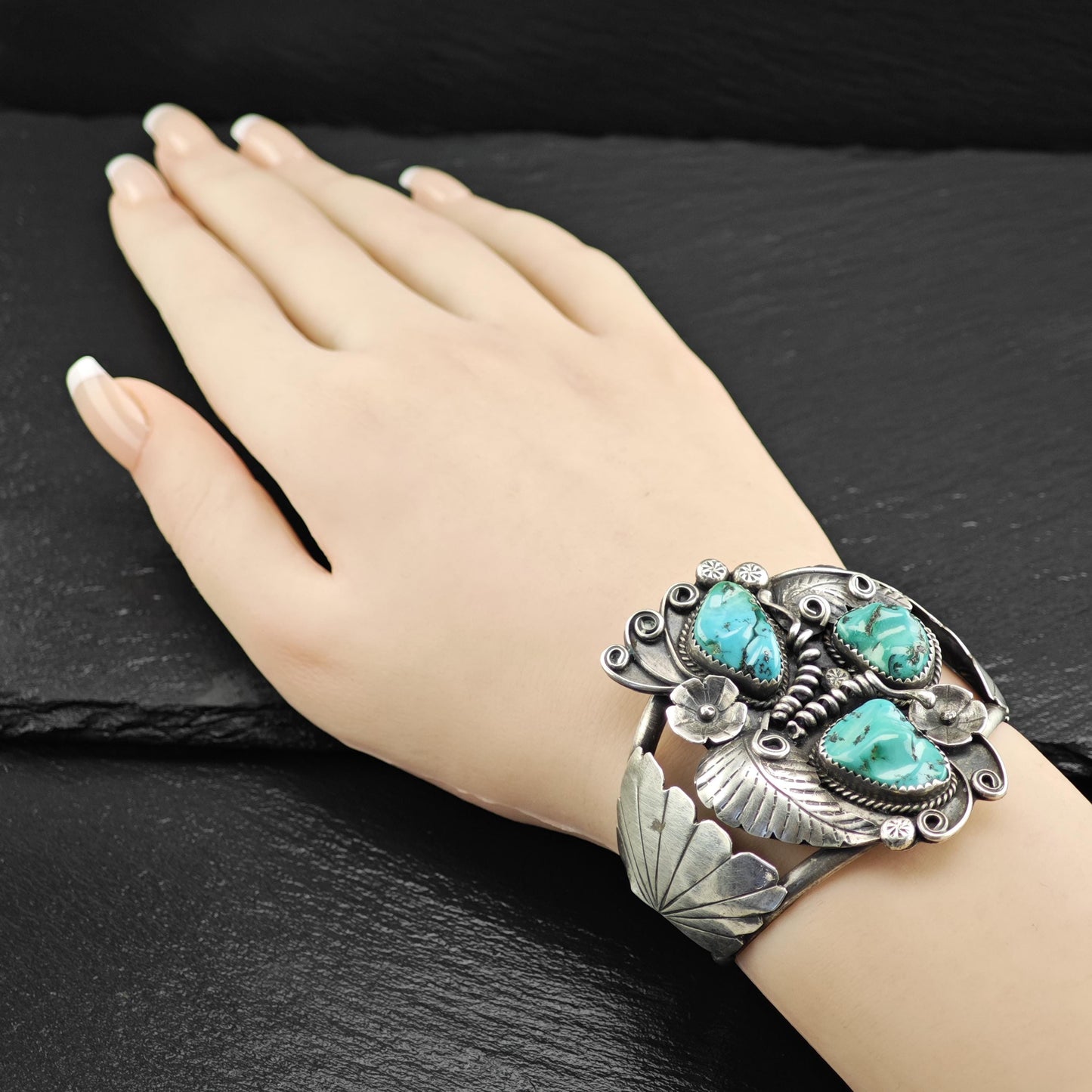 Native American Blue Turquoise Floral Cuff Bracelet Sterling Silver
