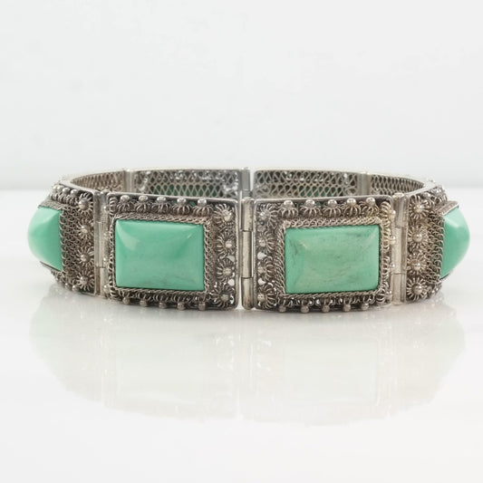 Mid Century Chinese Sterling Silver Line Bracelet Blue Turquoise Filigree, Floral