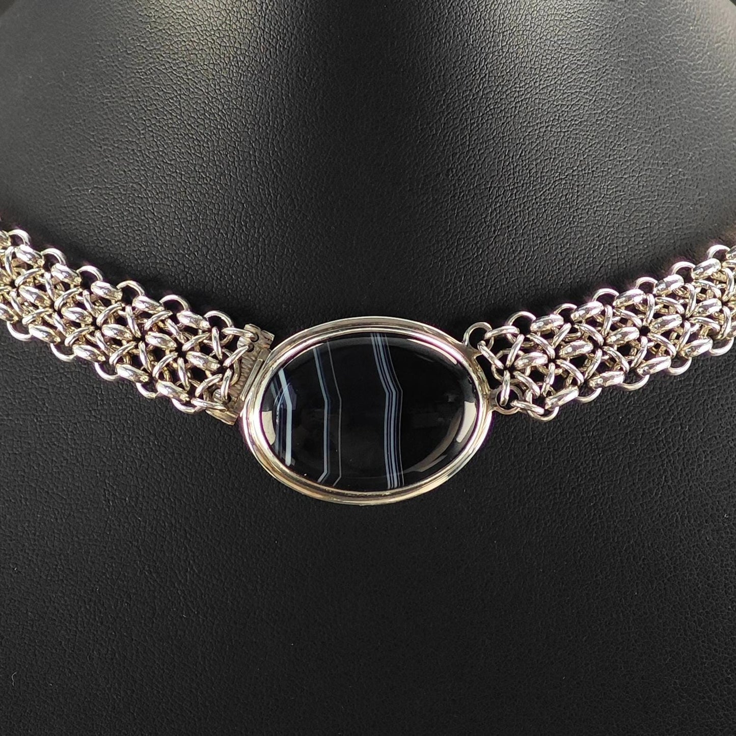 Handmade Designer Black, White Banded Agate Oval Necklace Sterling Silver N2563