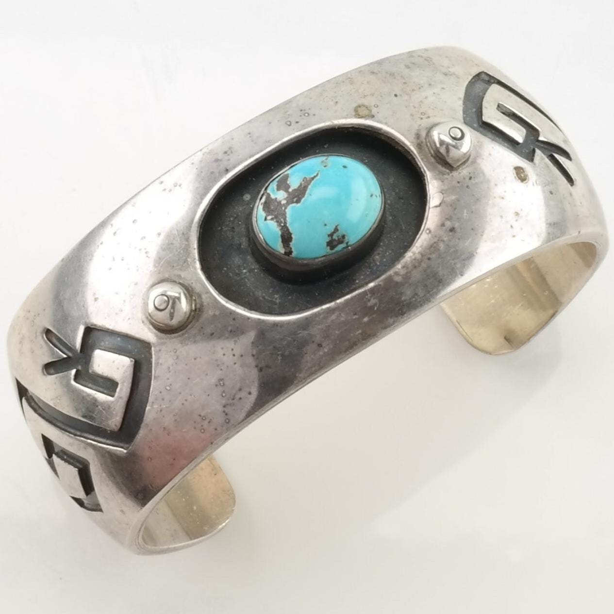 Native American Sterling Silver Cuff Bracelet Blue Turquoise Overlay