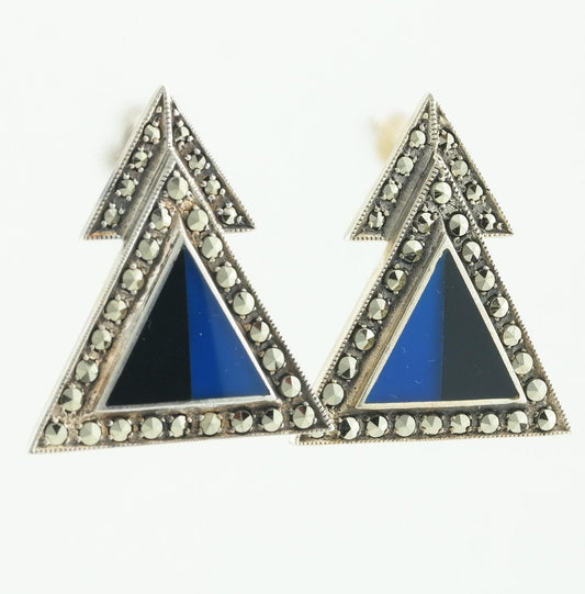 Geometric Sterling Silver Blue Black Enamel Marcasite Earrings