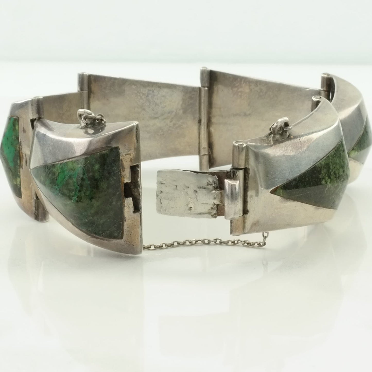 Taxco Sterling Silver Link Bracelet Green Gemstone Inlay