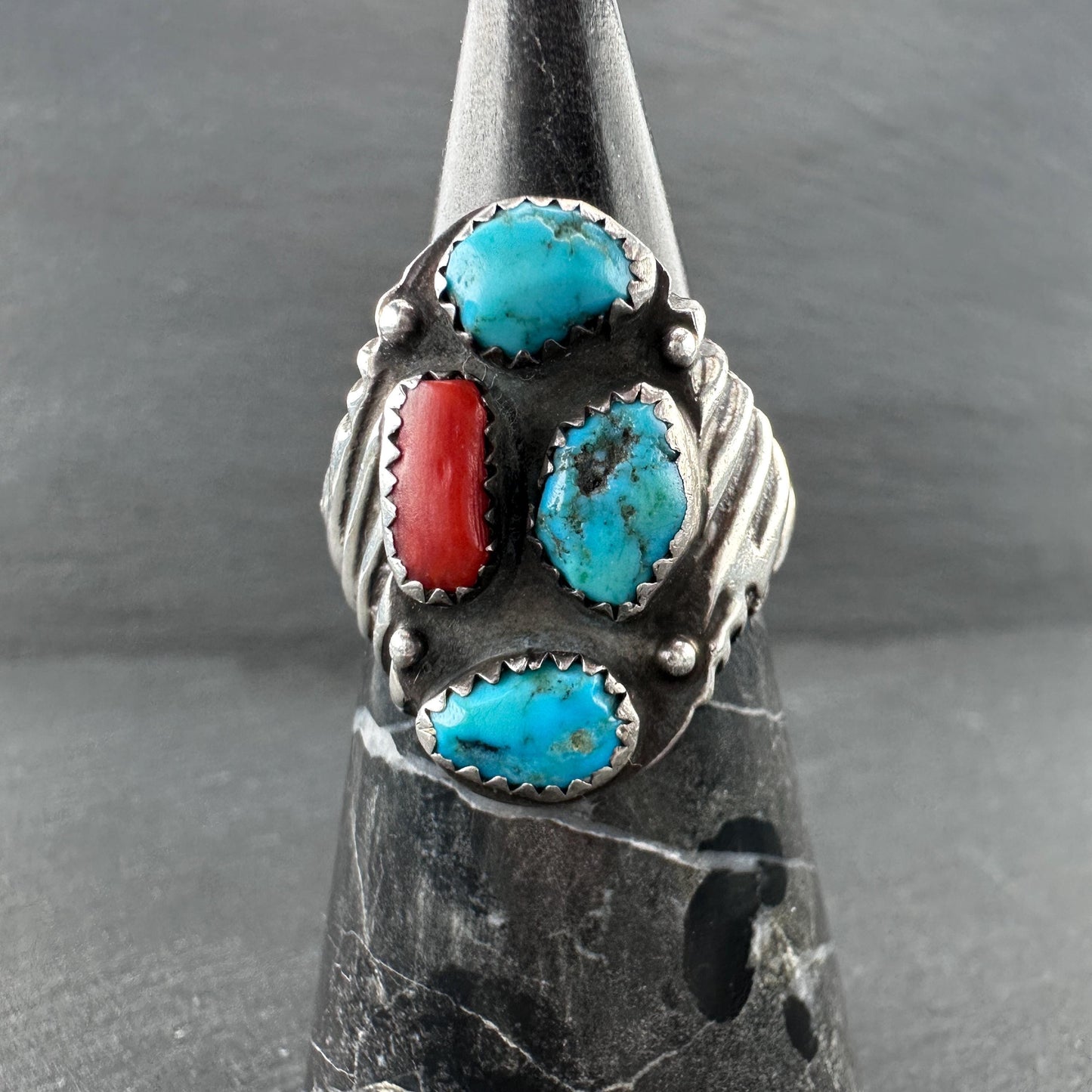 Native American, Coral, Turquoise Ring Sterling Silver