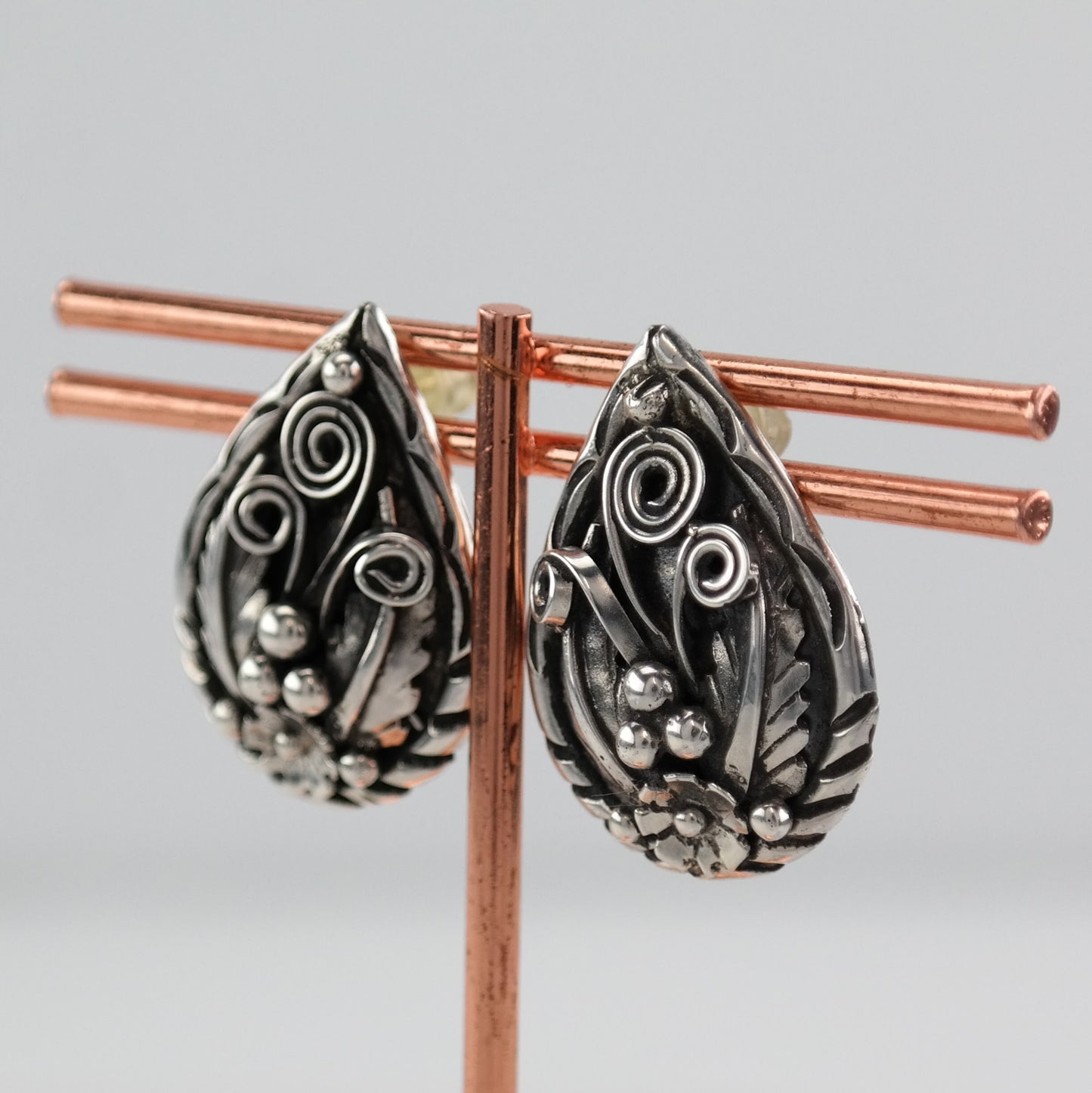 Native American Sterling Silver Floral Feather Earrings Stud