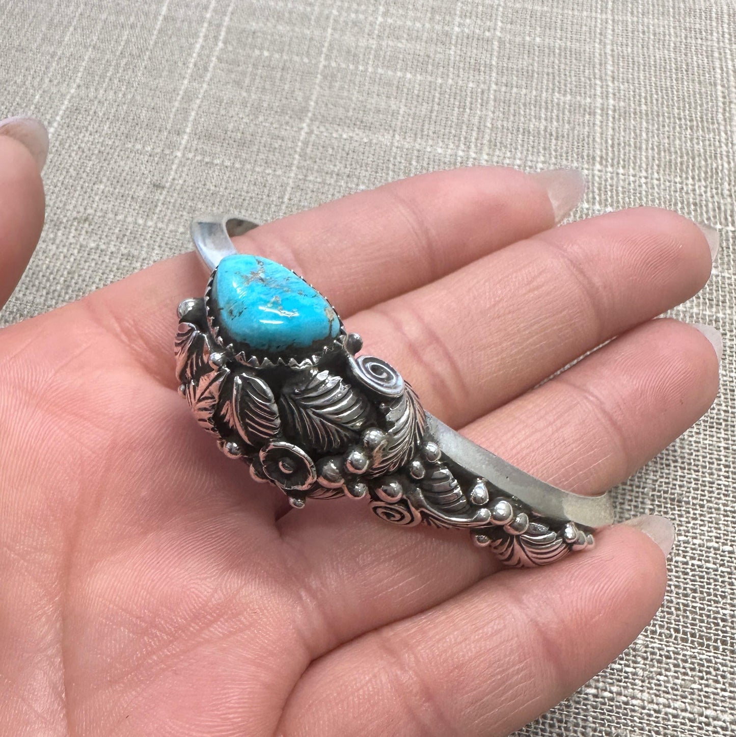 Native American Blue Turquoise Floral, Feather Sterling Silver Cuff Bracelet