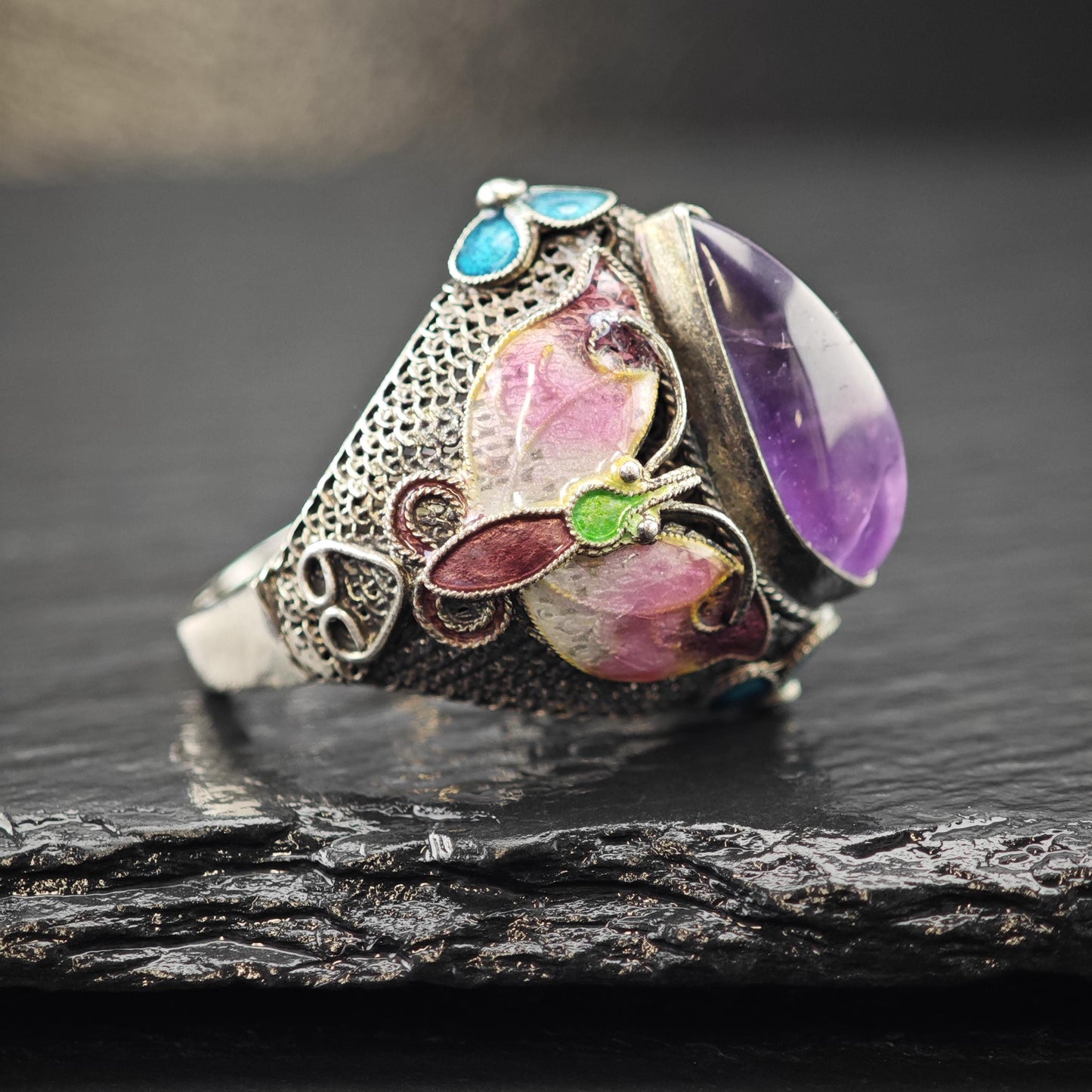 Chinese Export Amethyst, Enamel, Ring Flower Sterling Silver Sz 9