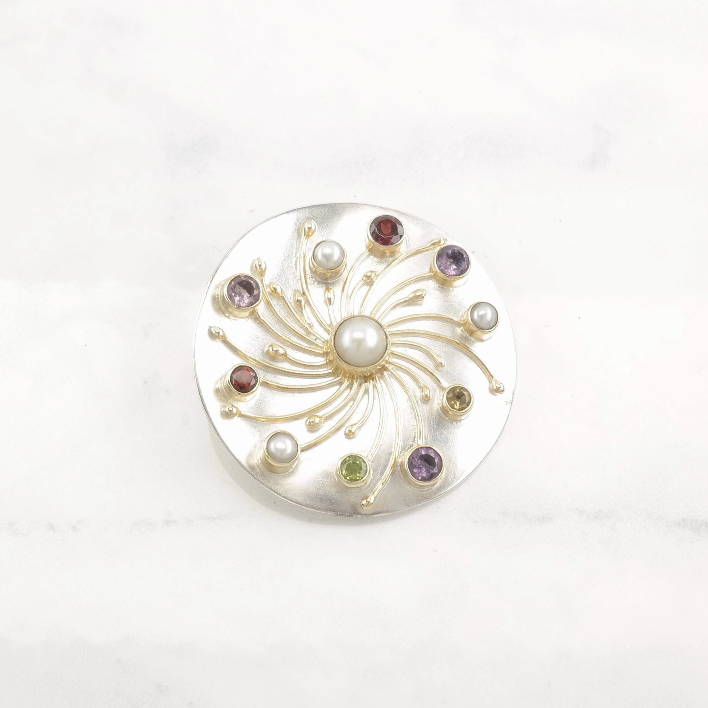 Vintage Modernist Pearl, Multi Gemstone Sterling Silver Pendant Brooch