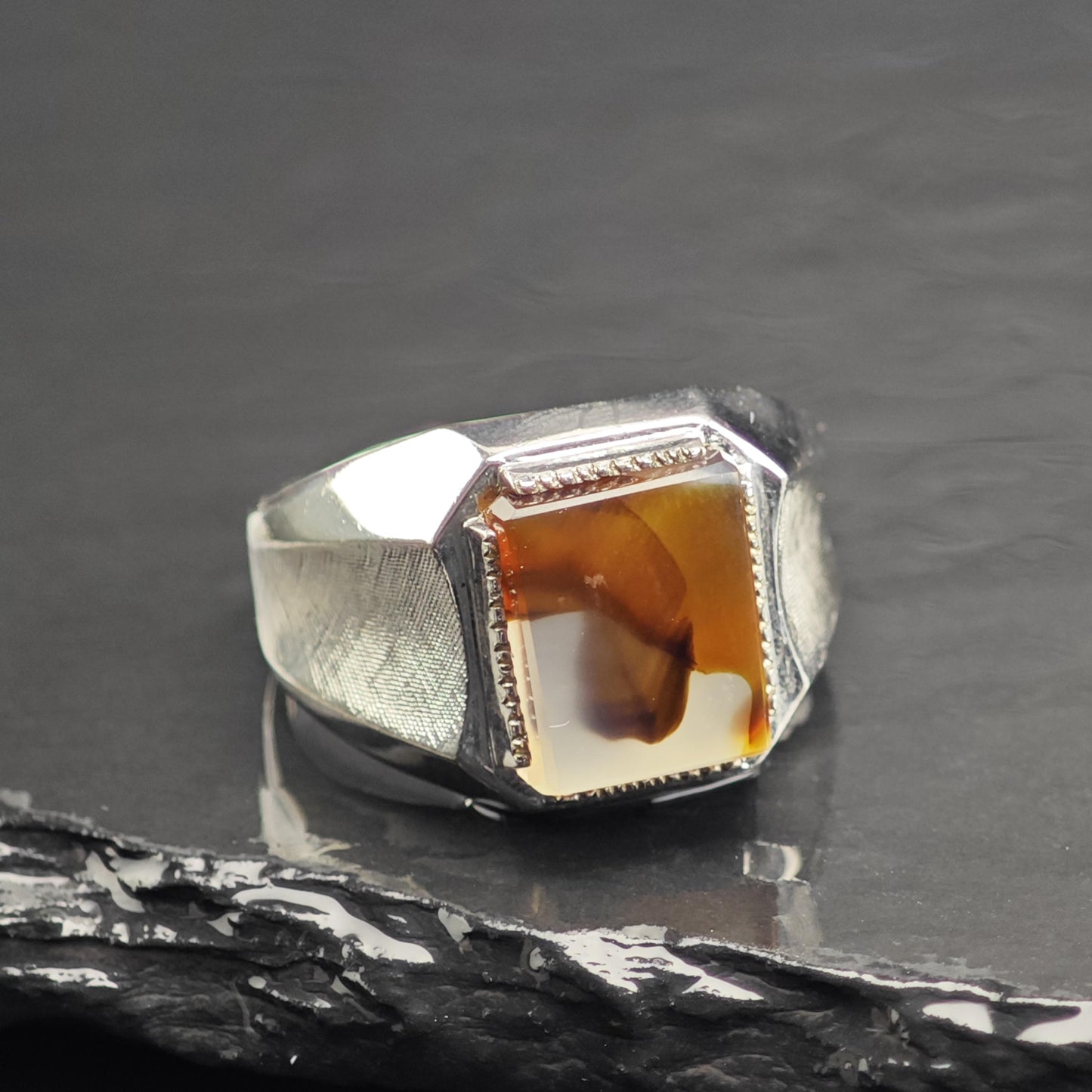 Art Deco Clark & Coombs Agate Signet Sterling Silver Ring Sz 10 1/2 R6718