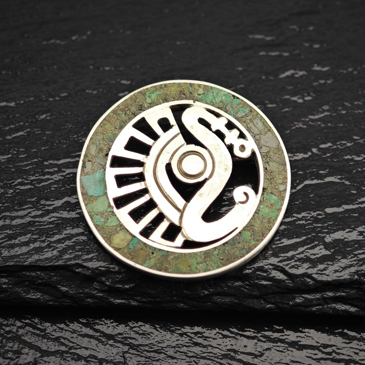 Vintage Taxco Green Chrysocolla Inlay Sterling Silver Brooch